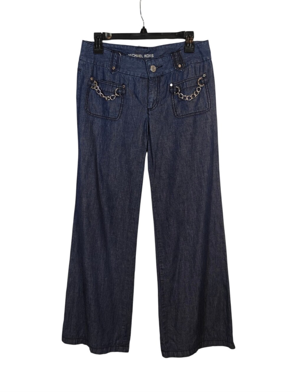 MICHAEL KORS  Dark Indigo Wide-Leg Jeans with Chain Pocket Trim Size 6